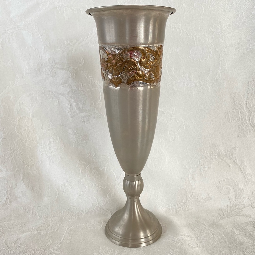 Vintage  2-Tone Metal Embossed Floral Table Vase